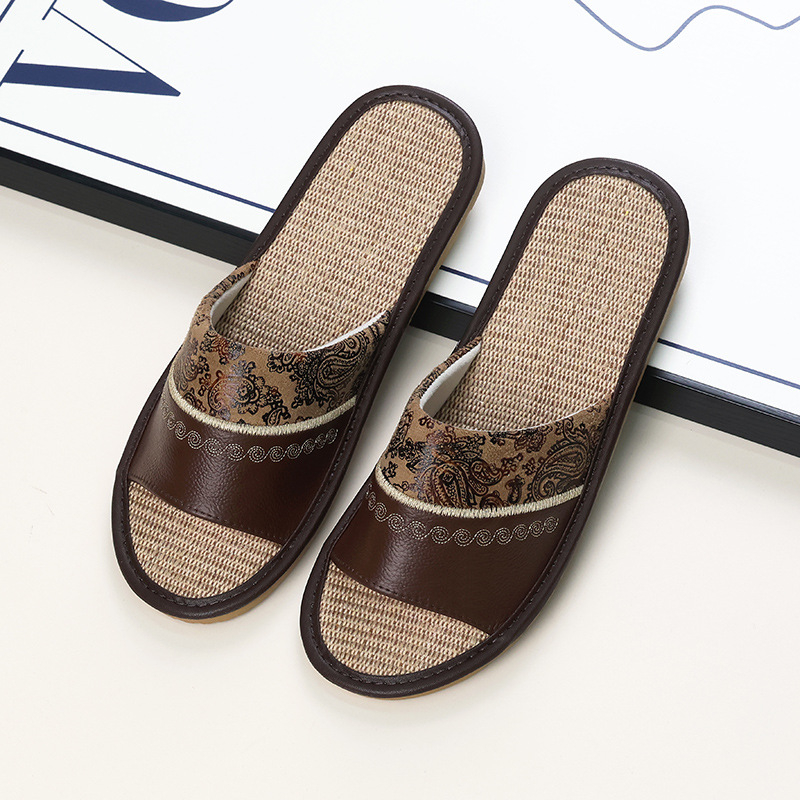 Унисекс домашни пантофи с бродирана ленена горна част от телешка кожа и подметка от телешина, шиена конструкция, дишащи, противохлъзгащи, ретро стил
