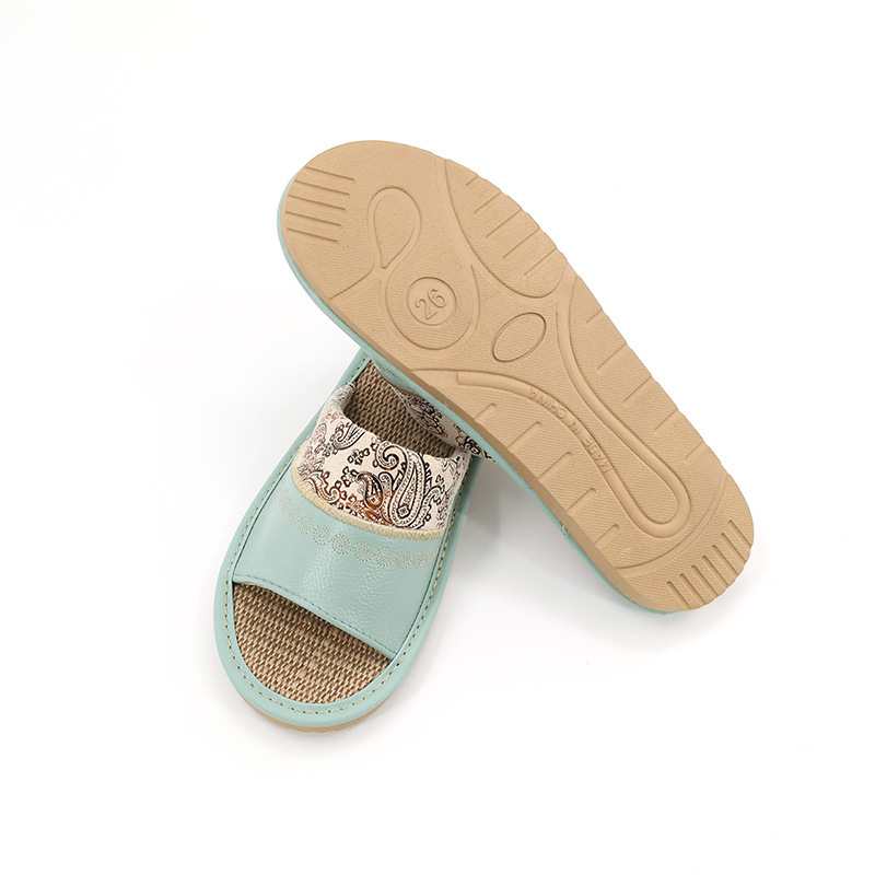 Унисекс домашни пантофи с бродирана ленена горна част от телешка кожа и подметка от телешина, шиена конструкция, дишащи, противохлъзгащи, ретро стил