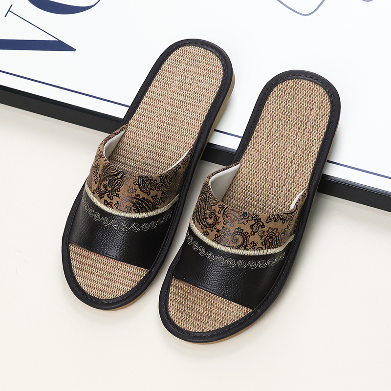 Унисекс домашни пантофи с бродирана ленена горна част от телешка кожа и подметка от телешина, шиена конструкция, дишащи, противохлъзгащи, ретро стил