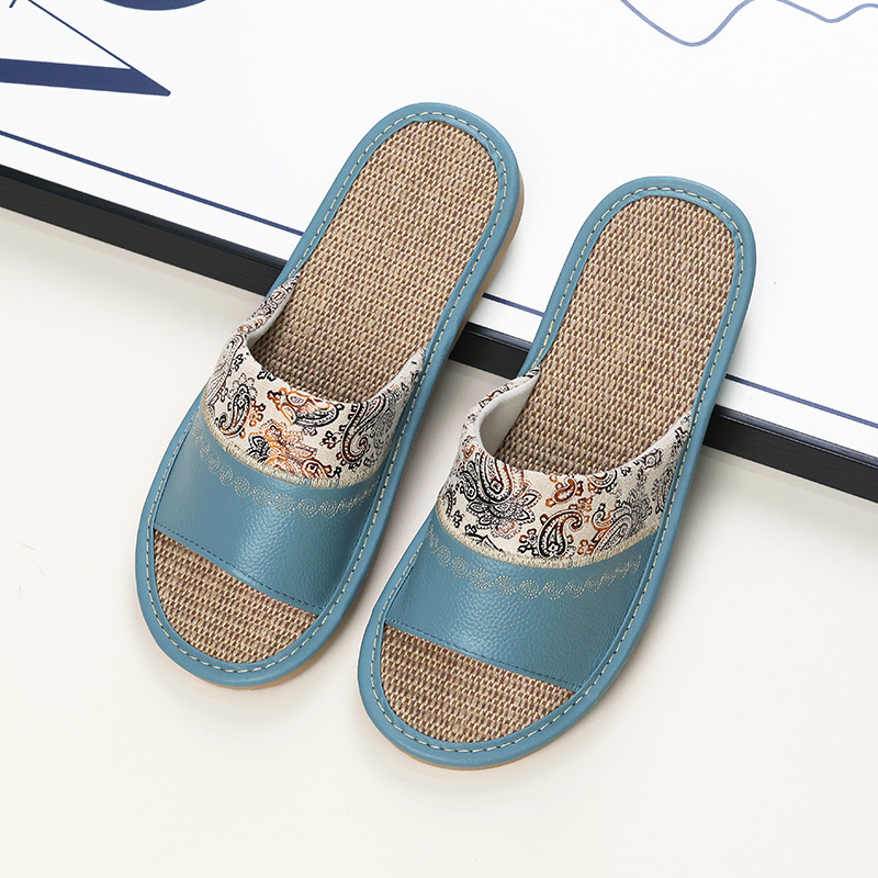 Унисекс домашни пантофи с бродирана ленена горна част от телешка кожа и подметка от телешина, шиена конструкция, дишащи, противохлъзгащи, ретро стил