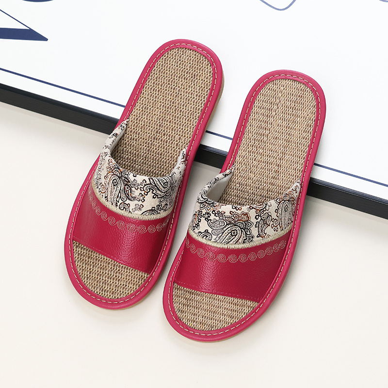 Унисекс домашни пантофи с бродирана ленена горна част от телешка кожа и подметка от телешина, шиена конструкция, дишащи, противохлъзгащи, ретро стил