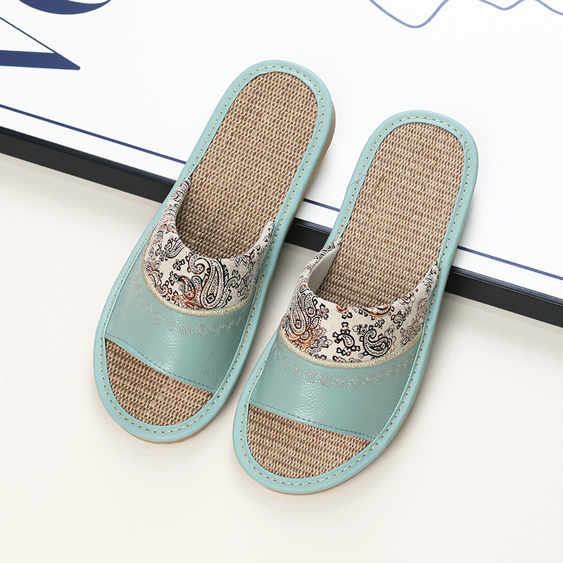 Унисекс домашни пантофи с бродирана ленена горна част от телешка кожа и подметка от телешина, шиена конструкция, дишащи, противохлъзгащи, ретро стил