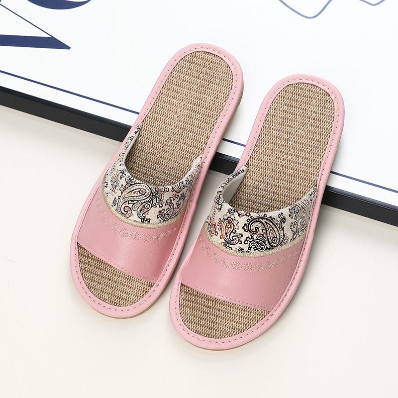 Унисекс домашни пантофи с бродирана ленена горна част от телешка кожа и подметка от телешина, шиена конструкция, дишащи, противохлъзгащи, ретро стил