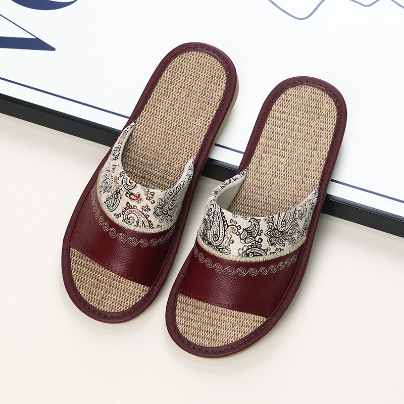 Унисекс домашни пантофи с бродирана ленена горна част от телешка кожа и подметка от телешина, шиена конструкция, дишащи, противохлъзгащи, ретро стил