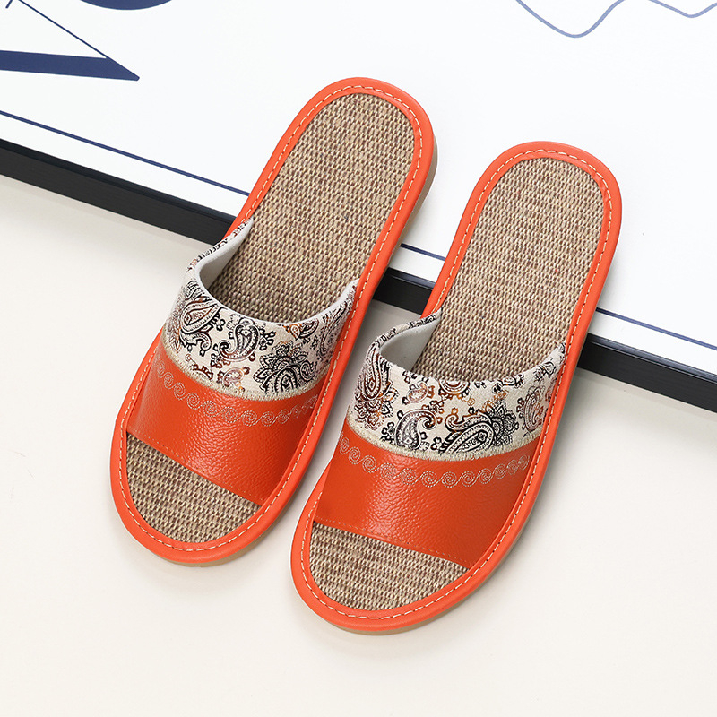 Унисекс домашни пантофи с бродирана ленена горна част от телешка кожа и подметка от телешина, шиена конструкция, дишащи, противохлъзгащи, ретро стил