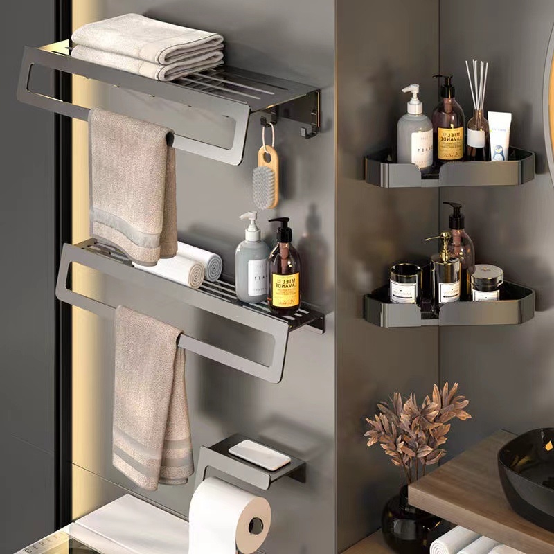 Zidni set držača ručnika za kupaonicu – aluminijska legura, završna obrada anodizacijom, montaža bez bušenja, šestodijelni set, moderan minimalistički stil