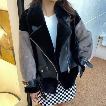 Dámsky kabát z imitácie kožušiny v motocyklovom štýle, kožušinový golier, V-krku výstrih, dlhé rukávy