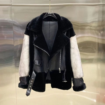 Dámsky kabát z imitácie kožušiny v motocyklovom štýle, kožušinový golier, V-krku výstrih, dlhé rukávy