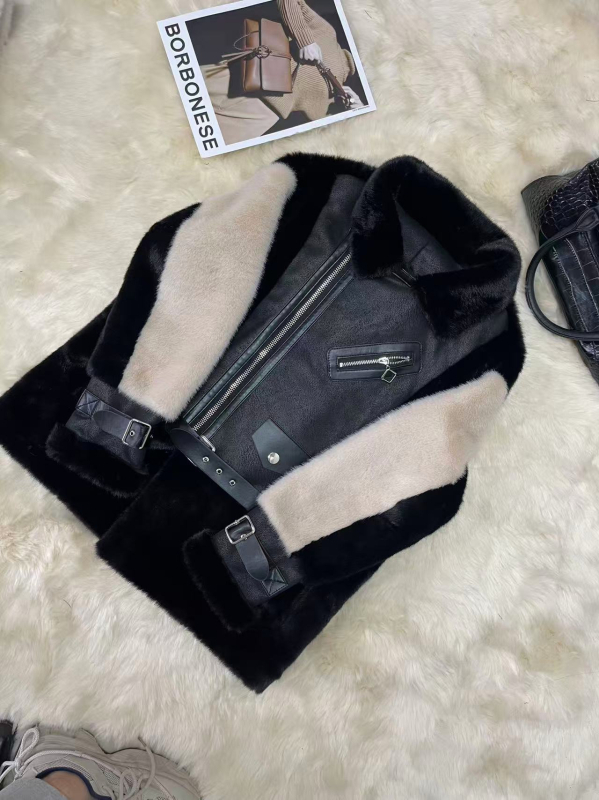 Dámsky kabát z imitácie kožušiny v motocyklovom štýle, kožušinový golier, V-krku výstrih, dlhé rukávy