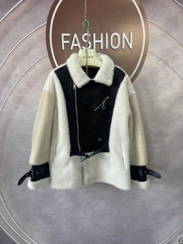 Dámsky kabát z imitácie kožušiny v motocyklovom štýle, kožušinový golier, V-krku výstrih, dlhé rukávy