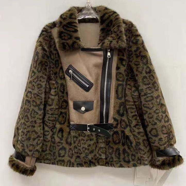 Dámsky kabát z imitácie kožušiny v motocyklovom štýle, kožušinový golier, V-krku výstrih, dlhé rukávy