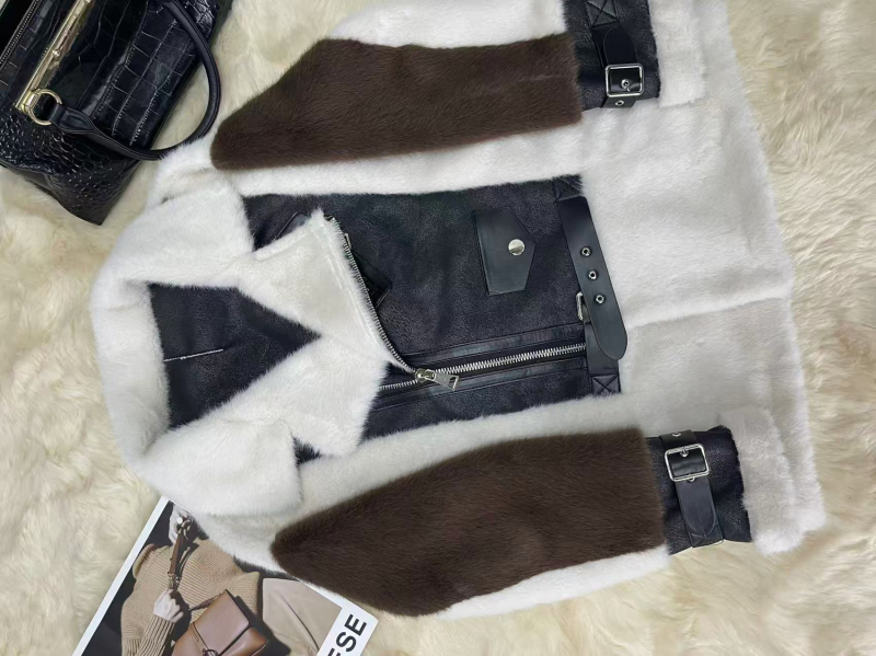 Dámsky kabát z imitácie kožušiny v motocyklovom štýle, kožušinový golier, V-krku výstrih, dlhé rukávy