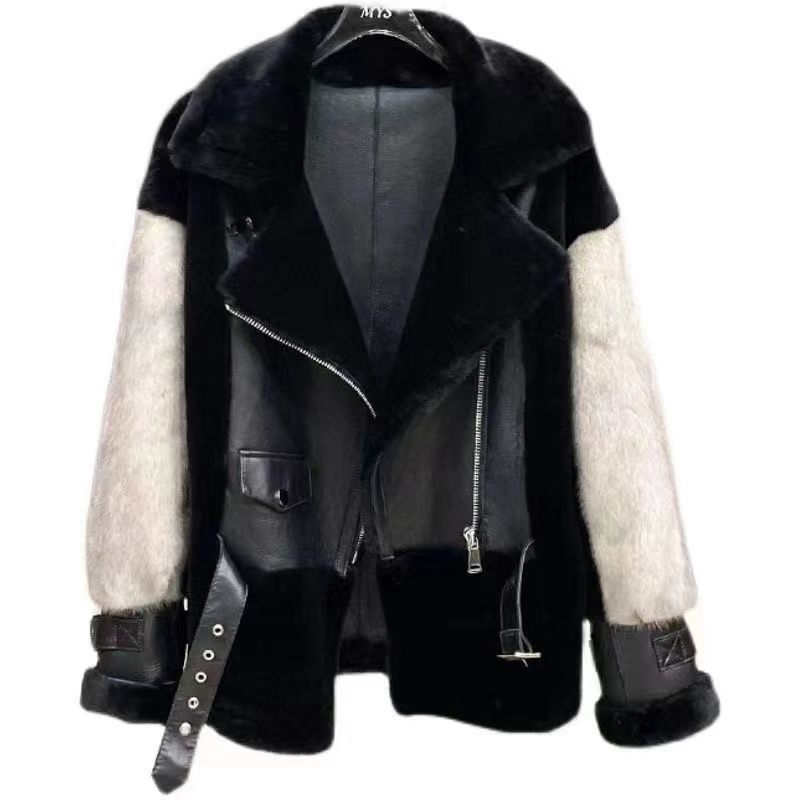 Dámsky kabát z imitácie kožušiny v motocyklovom štýle, kožušinový golier, V-krku výstrih, dlhé rukávy