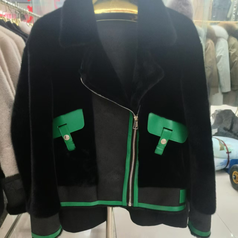 Dámsky kabát z imitácie kožušiny v motocyklovom štýle, kožušinový golier, V-krku výstrih, dlhé rukávy