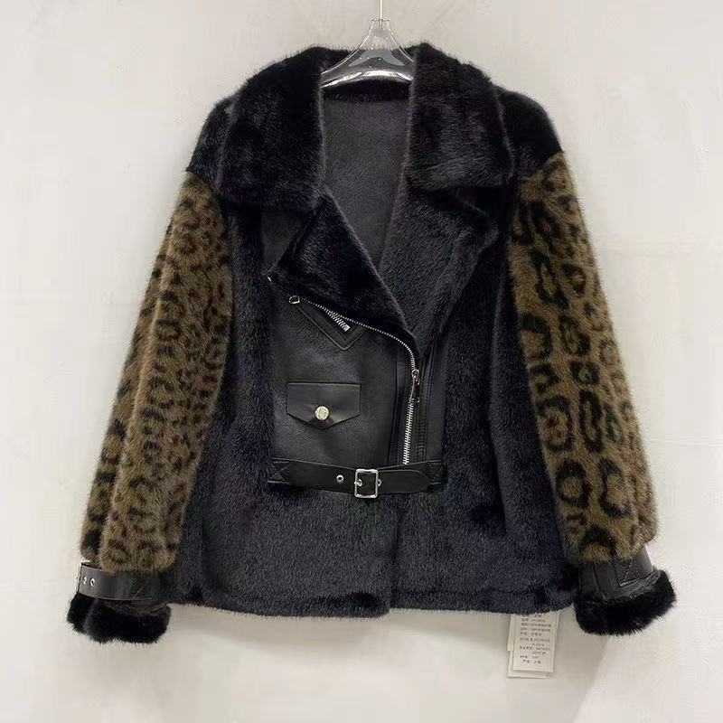 Dámsky kabát z imitácie kožušiny v motocyklovom štýle, kožušinový golier, V-krku výstrih, dlhé rukávy