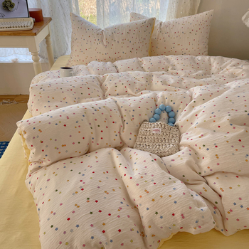 Set de lenjerie de pat din bumbac spălat, patru piese, pentru cămine studențești, patru sezoane, model floral vegetal