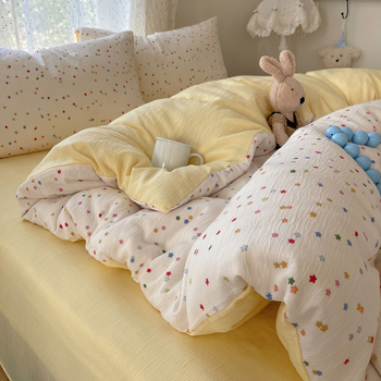 Set de lenjerie de pat din bumbac spălat, patru piese, pentru cămine studențești, patru sezoane, model floral vegetal