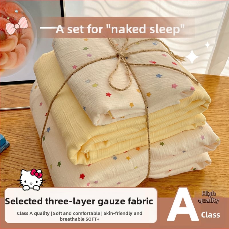 Set de lenjerie de pat din bumbac spălat, patru piese, pentru cămine studențești, patru sezoane, model floral vegetal