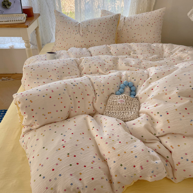 Set de lenjerie de pat din bumbac spălat, patru piese, pentru cămine studențești, patru sezoane, model floral vegetal