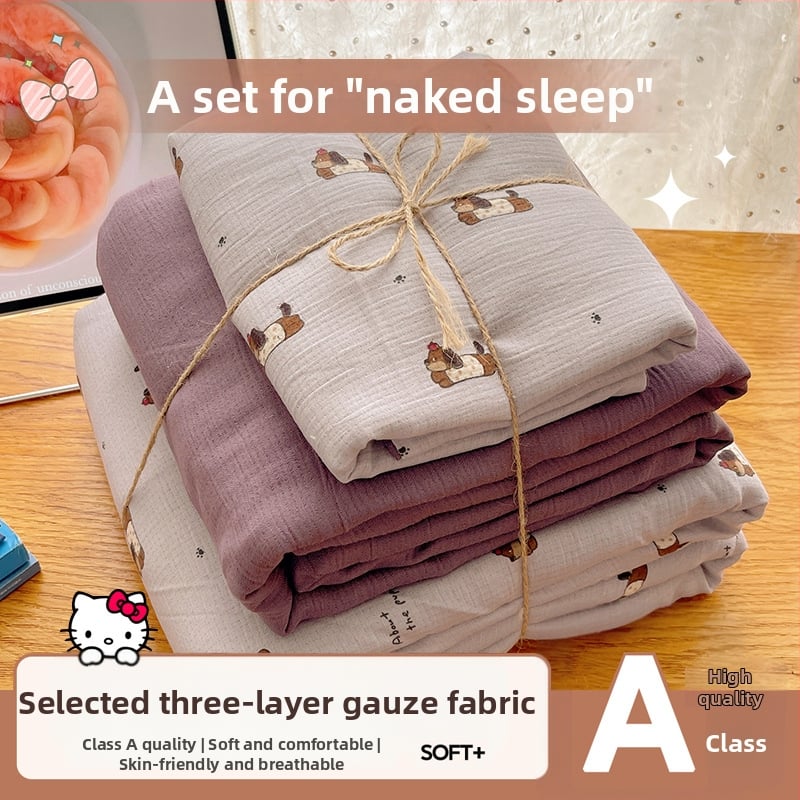 Set de lenjerie de pat din bumbac spălat, patru piese, pentru cămine studențești, patru sezoane, model floral vegetal