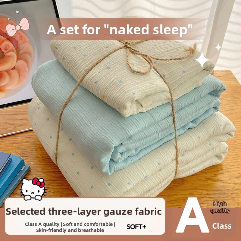 Set de lenjerie de pat din bumbac spălat, patru piese, pentru cămine studențești, patru sezoane, model floral vegetal