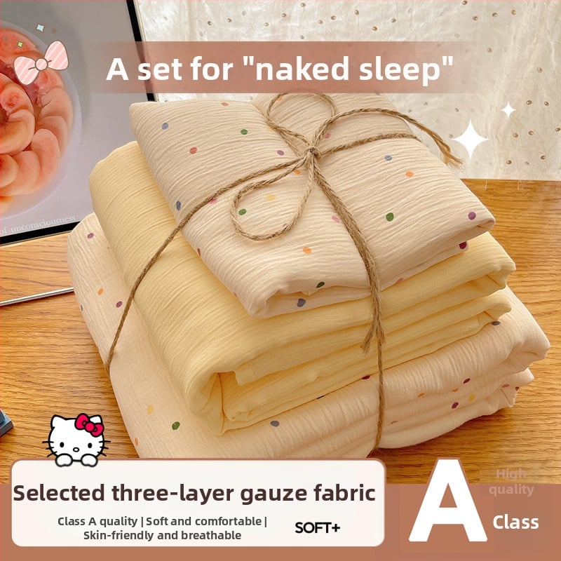 Set de lenjerie de pat din bumbac spălat, patru piese, pentru cămine studențești, patru sezoane, model floral vegetal