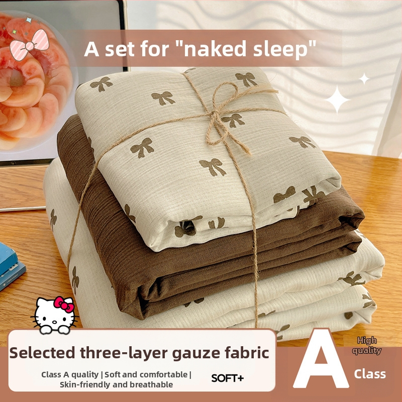 Set de lenjerie de pat din bumbac spălat, patru piese, pentru cămine studențești, patru sezoane, model floral vegetal