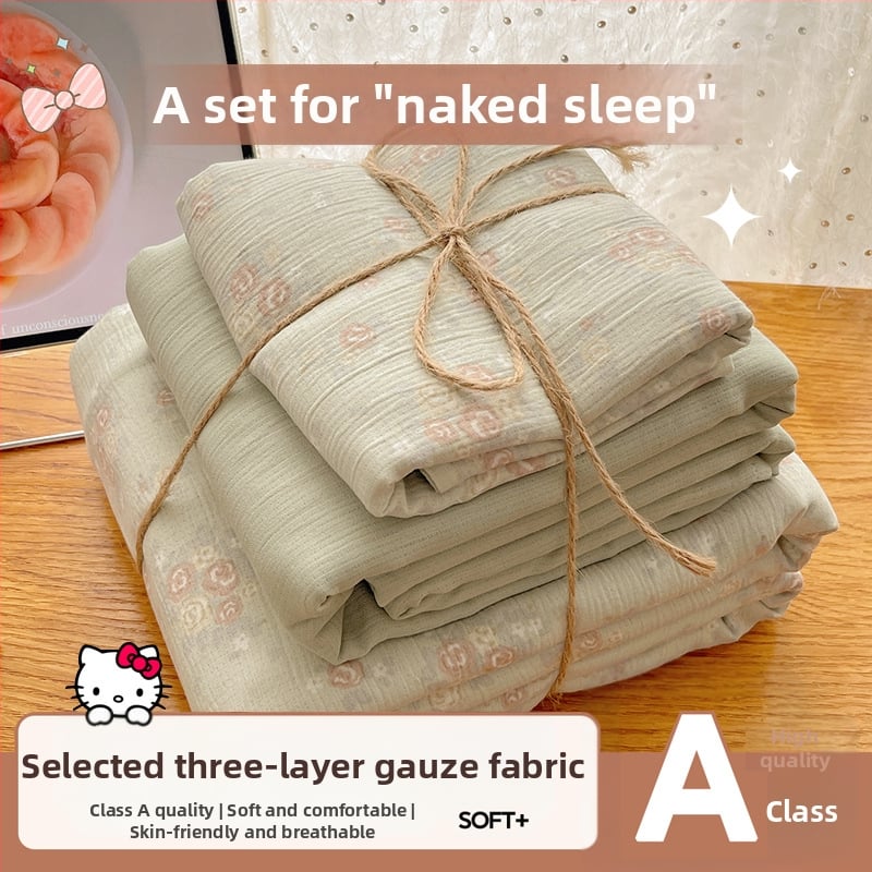 Set de lenjerie de pat din bumbac spălat, patru piese, pentru cămine studențești, patru sezoane, model floral vegetal