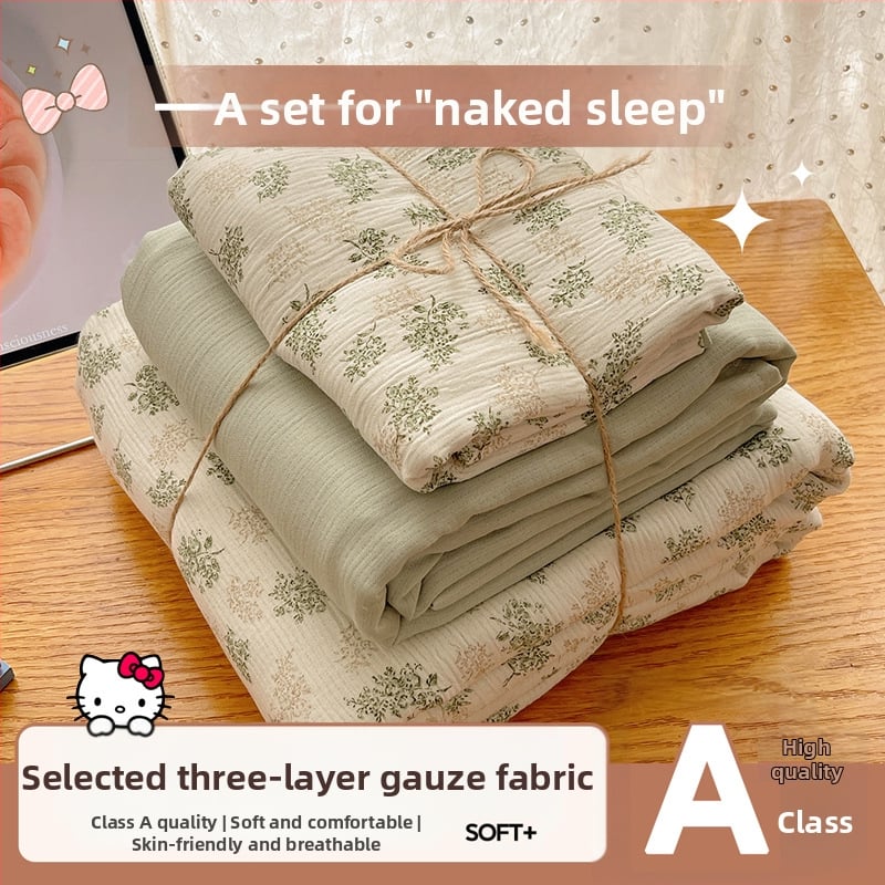 Set de lenjerie de pat din bumbac spălat, patru piese, pentru cămine studențești, patru sezoane, model floral vegetal