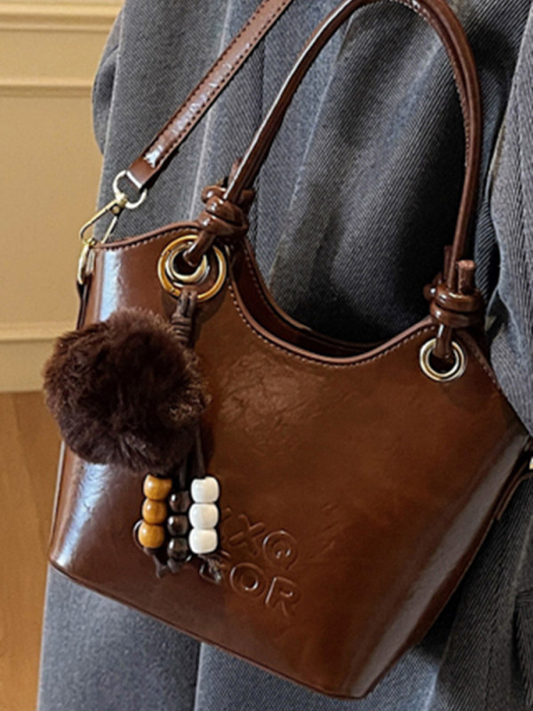 Bucket taška v ulicnom štýle, PU koža, tvar vedra, zips uzáver, vrecko na telefón