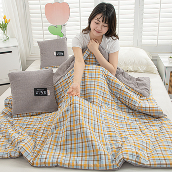 Двупосочен памучен комплект: 2‑в‑1 одеяло и възглавница за охлаждане, за офис или кола, сгъваем дизайн, полиестерна пълнеж, модерен минималистичен стил; модели: райета, геометричен мотив