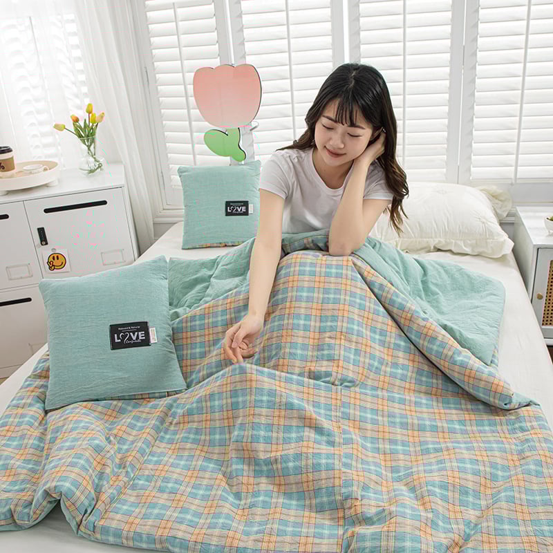 Двупосочен памучен комплект: 2‑в‑1 одеяло и възглавница за охлаждане, за офис или кола, сгъваем дизайн, полиестерна пълнеж, модерен минималистичен стил; модели: райета, геометричен мотив