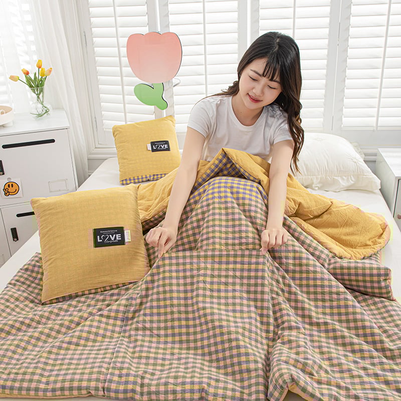 Двупосочен памучен комплект: 2‑в‑1 одеяло и възглавница за охлаждане, за офис или кола, сгъваем дизайн, полиестерна пълнеж, модерен минималистичен стил; модели: райета, геометричен мотив