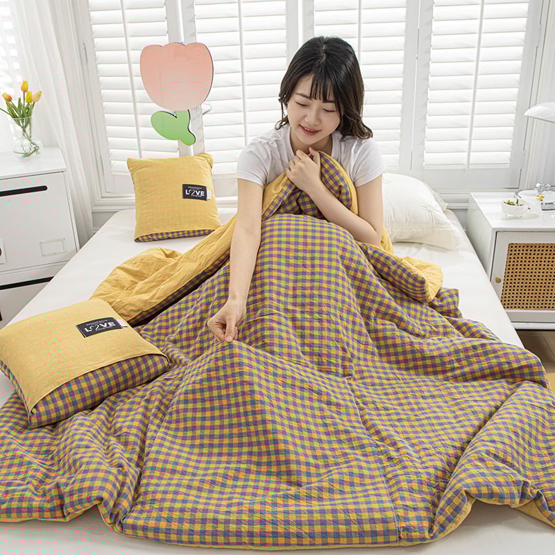 Двупосочен памучен комплект: 2‑в‑1 одеяло и възглавница за охлаждане, за офис или кола, сгъваем дизайн, полиестерна пълнеж, модерен минималистичен стил; модели: райета, геометричен мотив