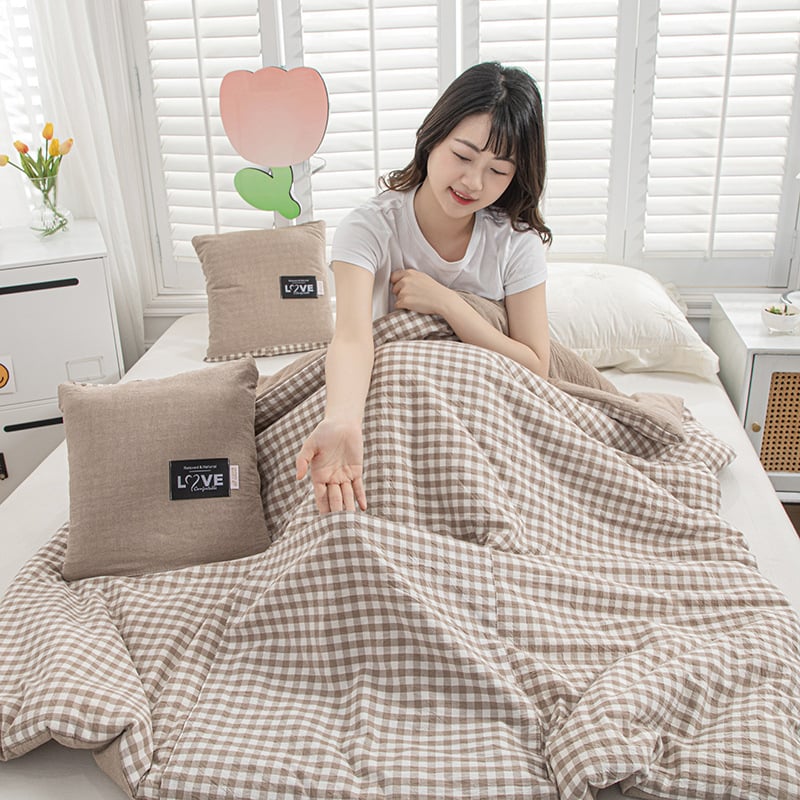 Двупосочен памучен комплект: 2‑в‑1 одеяло и възглавница за охлаждане, за офис или кола, сгъваем дизайн, полиестерна пълнеж, модерен минималистичен стил; модели: райета, геометричен мотив