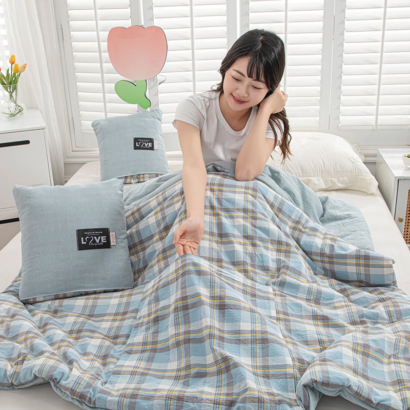 Двупосочен памучен комплект: 2‑в‑1 одеяло и възглавница за охлаждане, за офис или кола, сгъваем дизайн, полиестерна пълнеж, модерен минималистичен стил; модели: райета, геометричен мотив