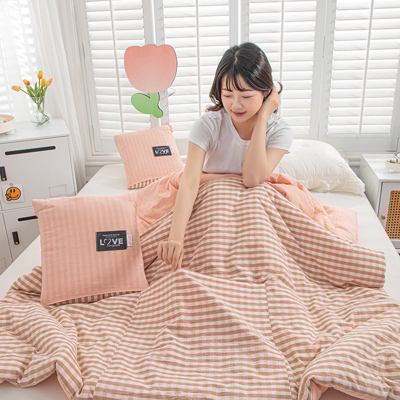 Двупосочен памучен комплект: 2‑в‑1 одеяло и възглавница за охлаждане, за офис или кола, сгъваем дизайн, полиестерна пълнеж, модерен минималистичен стил; модели: райета, геометричен мотив