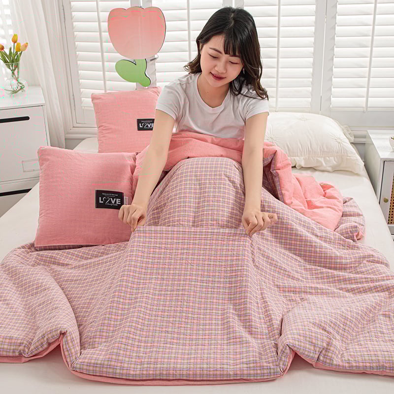 Двупосочен памучен комплект: 2‑в‑1 одеяло и възглавница за охлаждане, за офис или кола, сгъваем дизайн, полиестерна пълнеж, модерен минималистичен стил; модели: райета, геометричен мотив