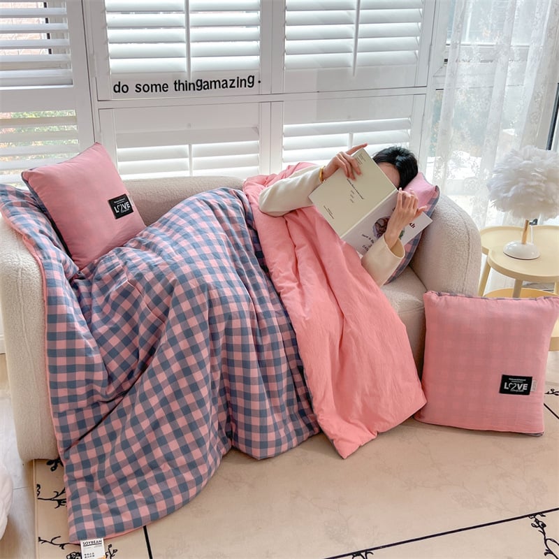 Двупосочен памучен комплект: 2‑в‑1 одеяло и възглавница за охлаждане, за офис или кола, сгъваем дизайн, полиестерна пълнеж, модерен минималистичен стил; модели: райета, геометричен мотив