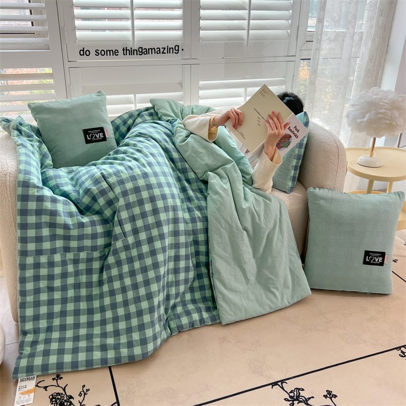 Двупосочен памучен комплект: 2‑в‑1 одеяло и възглавница за охлаждане, за офис или кола, сгъваем дизайн, полиестерна пълнеж, модерен минималистичен стил; модели: райета, геометричен мотив