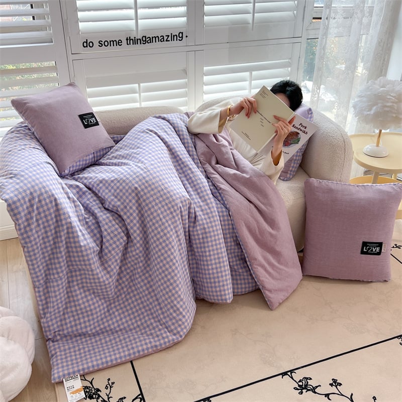 Двупосочен памучен комплект: 2‑в‑1 одеяло и възглавница за охлаждане, за офис или кола, сгъваем дизайн, полиестерна пълнеж, модерен минималистичен стил; модели: райета, геометричен мотив