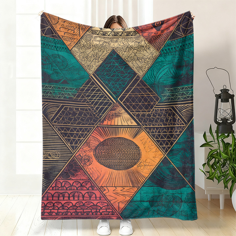 Cuvertură de somn din flanel, poliester, cu model geometric etnic și artă abstractă, personalizabilă, pentru toate anotimpurile, ușoară sub 300 g