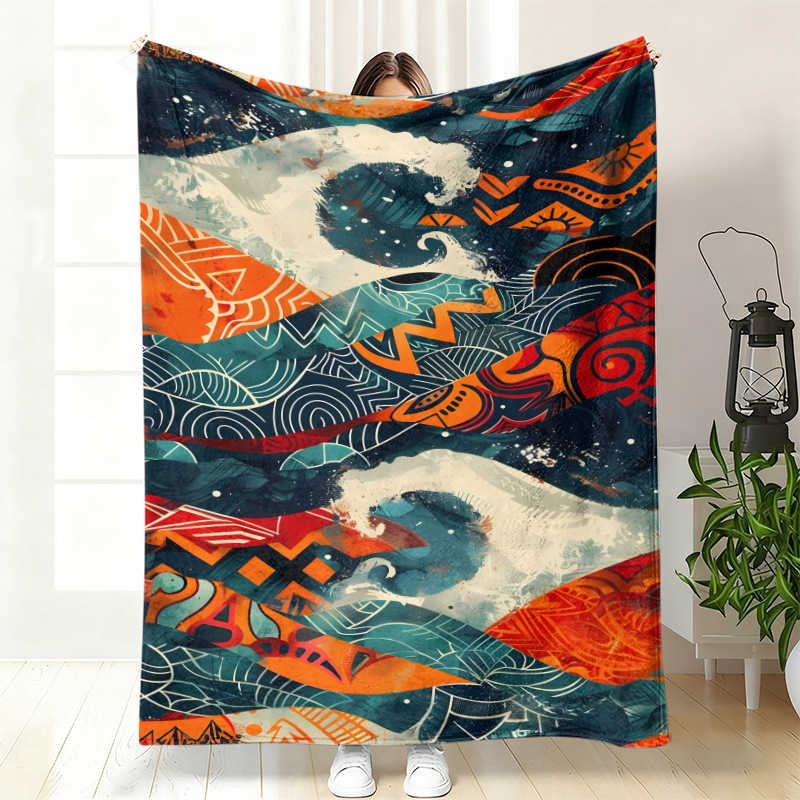 Cuvertură de somn din flanel, poliester, cu model geometric etnic și artă abstractă, personalizabilă, pentru toate anotimpurile, ușoară sub 300 g