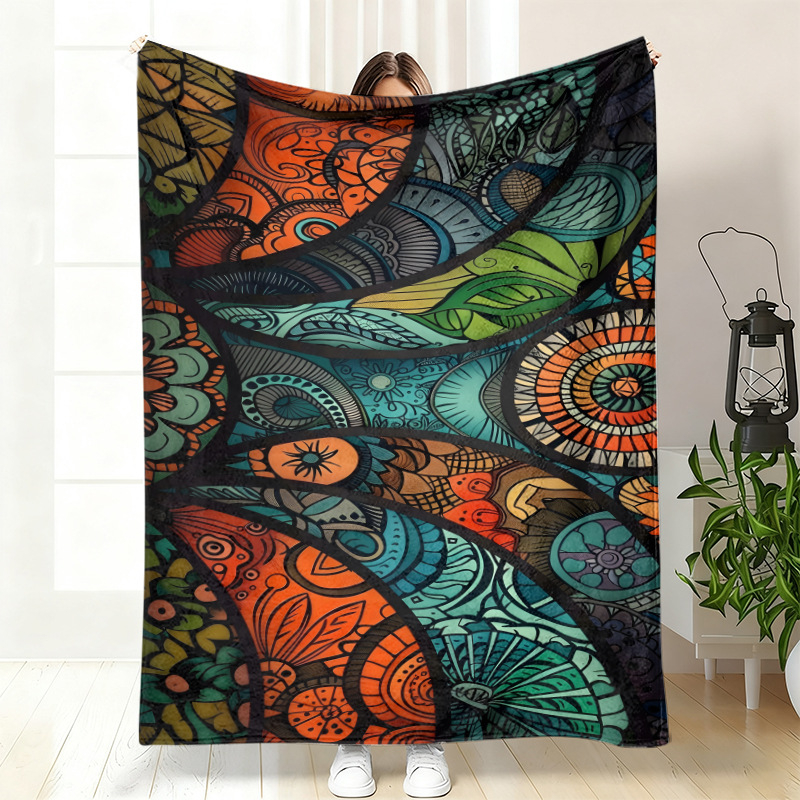 Cuvertură de somn din flanel, poliester, cu model geometric etnic și artă abstractă, personalizabilă, pentru toate anotimpurile, ușoară sub 300 g