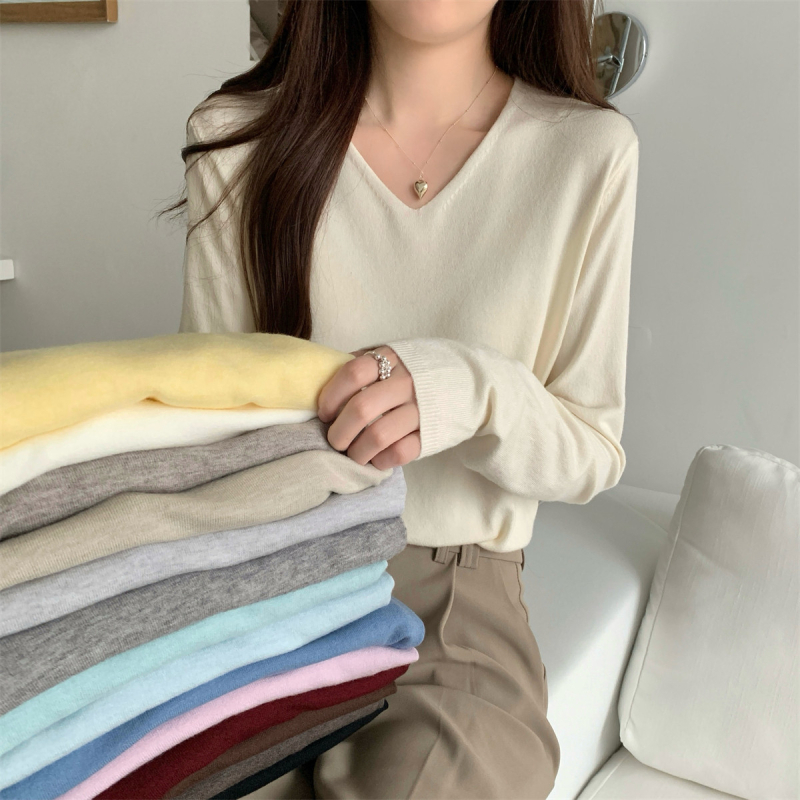 Γυναικείος πλεκτός πουλόβερ με V-λαιμό, χαλαρή γραμμή, μακριά μανίκια, πολυεστερικό ύφασμα, κομψό αστικό στυλ