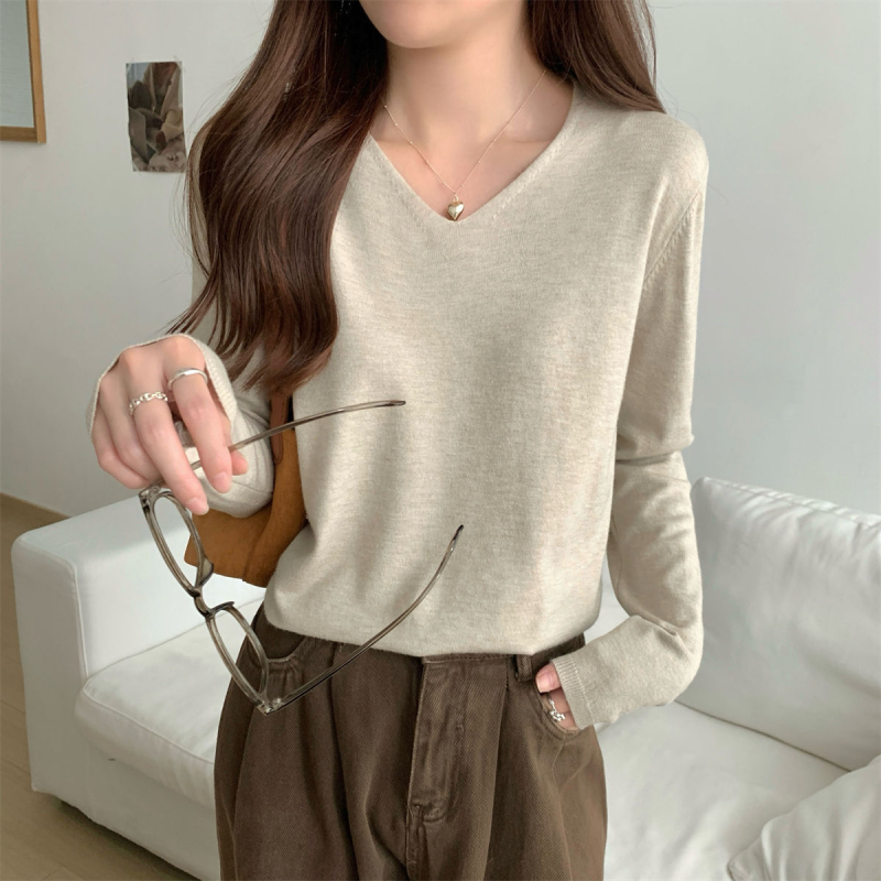 Γυναικείος πλεκτός πουλόβερ με V-λαιμό, χαλαρή γραμμή, μακριά μανίκια, πολυεστερικό ύφασμα, κομψό αστικό στυλ