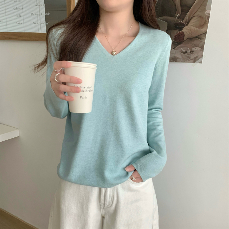 Γυναικείος πλεκτός πουλόβερ με V-λαιμό, χαλαρή γραμμή, μακριά μανίκια, πολυεστερικό ύφασμα, κομψό αστικό στυλ