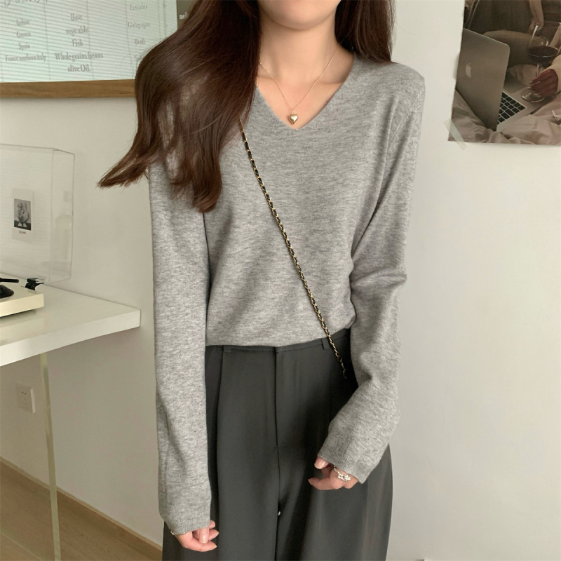 Γυναικείος πλεκτός πουλόβερ με V-λαιμό, χαλαρή γραμμή, μακριά μανίκια, πολυεστερικό ύφασμα, κομψό αστικό στυλ