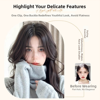 Перука с бретон за жени – обем в короната, покрива посивяване, централно разделен бретон, влакна устойчиви на висока температура, половин ръчно преплетена