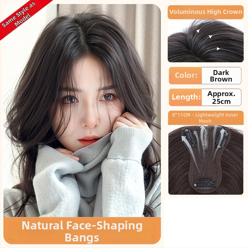 Перука с бретон за жени – обем в короната, покрива посивяване, централно разделен бретон, влакна устойчиви на висока температура, половин ръчно преплетена